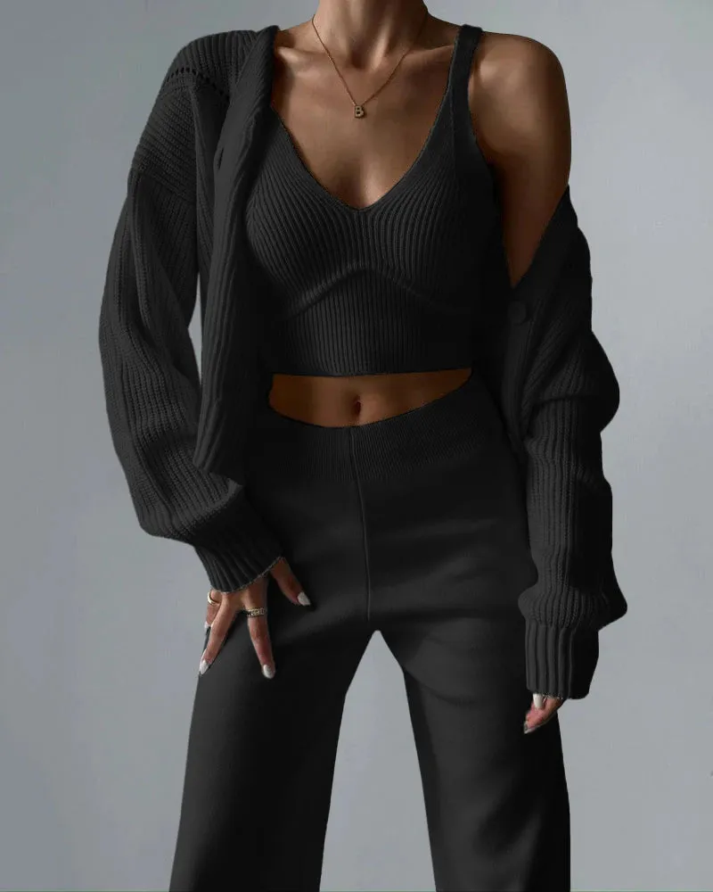 🔥(Limited 2 Days & Lowest Price) Chic V-neck Knitted Three-piece Set Crop Vest and Sweater Cardigan & Solid Wide Leg Pants