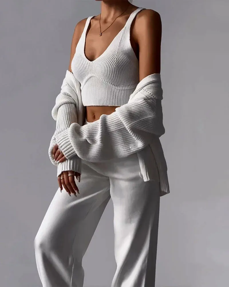 🔥(Limited 2 Days & Lowest Price) Chic V-neck Knitted Three-piece Set Crop Vest and Sweater Cardigan & Solid Wide Leg Pants