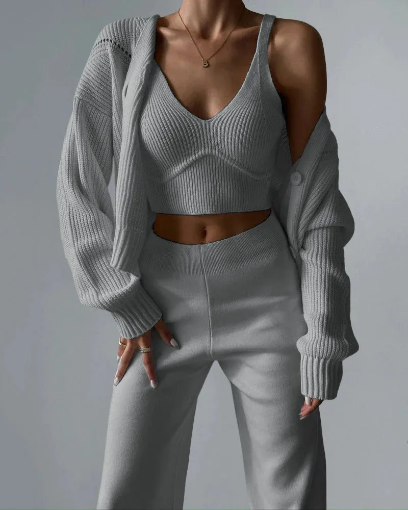 🔥(Limited 2 Days & Lowest Price) Chic V-neck Knitted Three-piece Set Crop Vest and Sweater Cardigan & Solid Wide Leg Pants