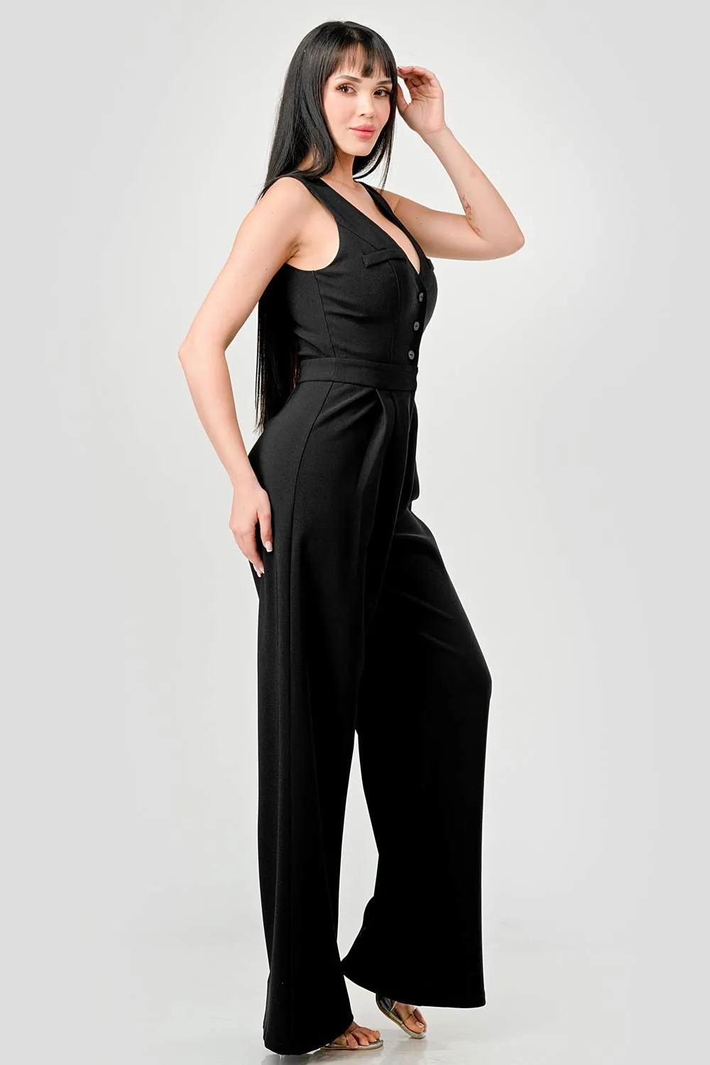 LUXE BUTTON DOWN VEST STYLE PALAZZO LEGS JUMPSUIT