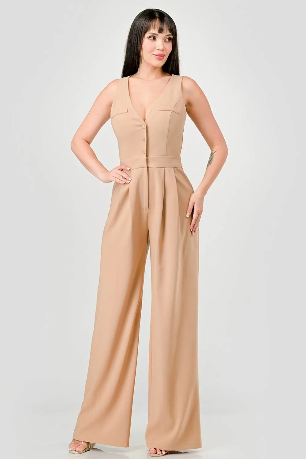 LUXE BUTTON DOWN VEST STYLE PALAZZO LEGS JUMPSUIT