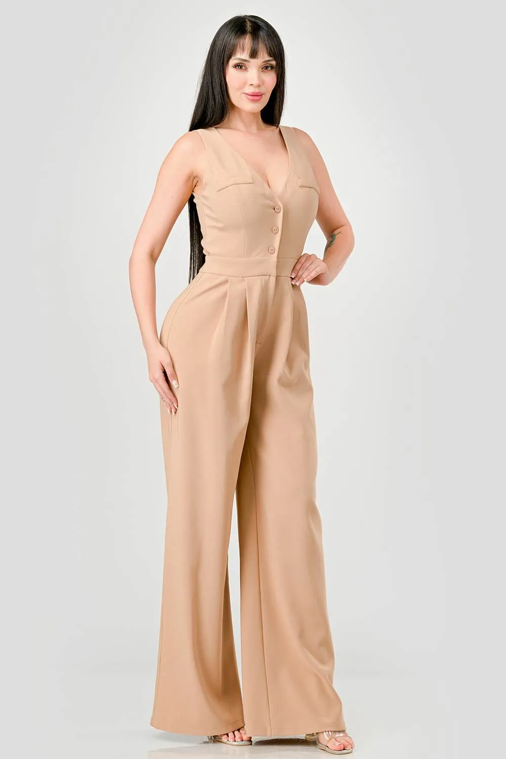 LUXE BUTTON DOWN VEST STYLE PALAZZO LEGS JUMPSUIT