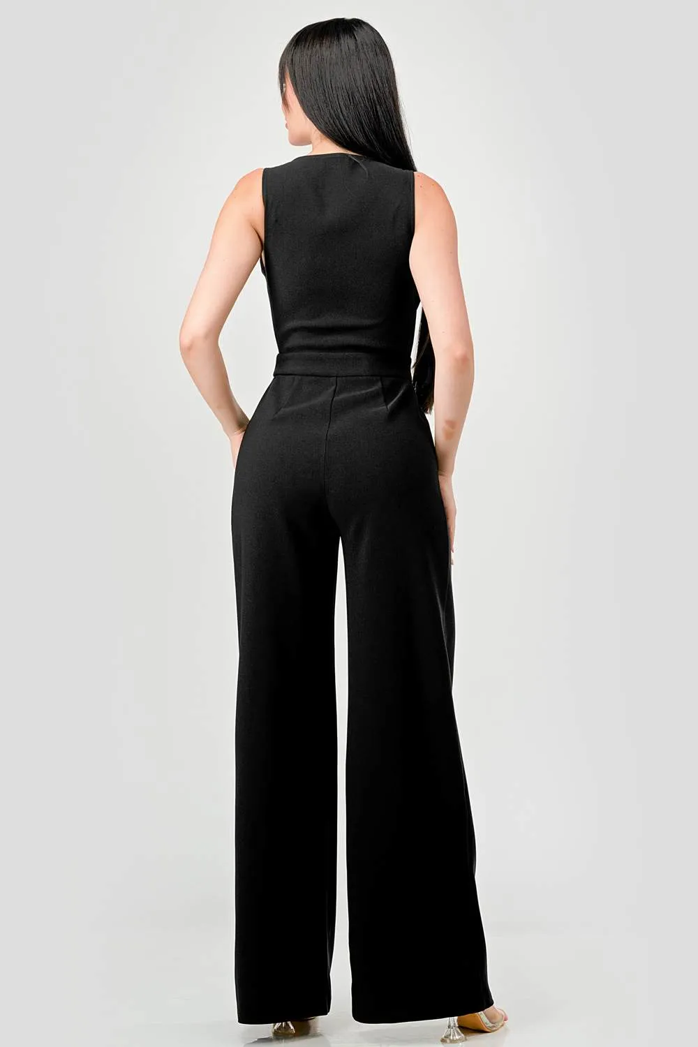 LUXE BUTTON DOWN VEST STYLE PALAZZO LEGS JUMPSUIT