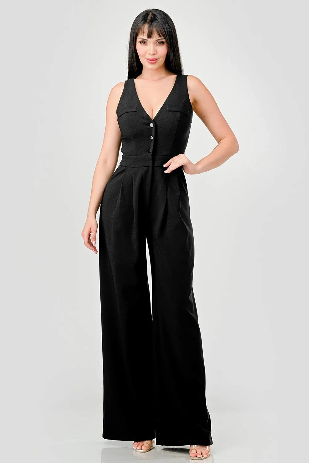 LUXE BUTTON DOWN VEST STYLE PALAZZO LEGS JUMPSUIT