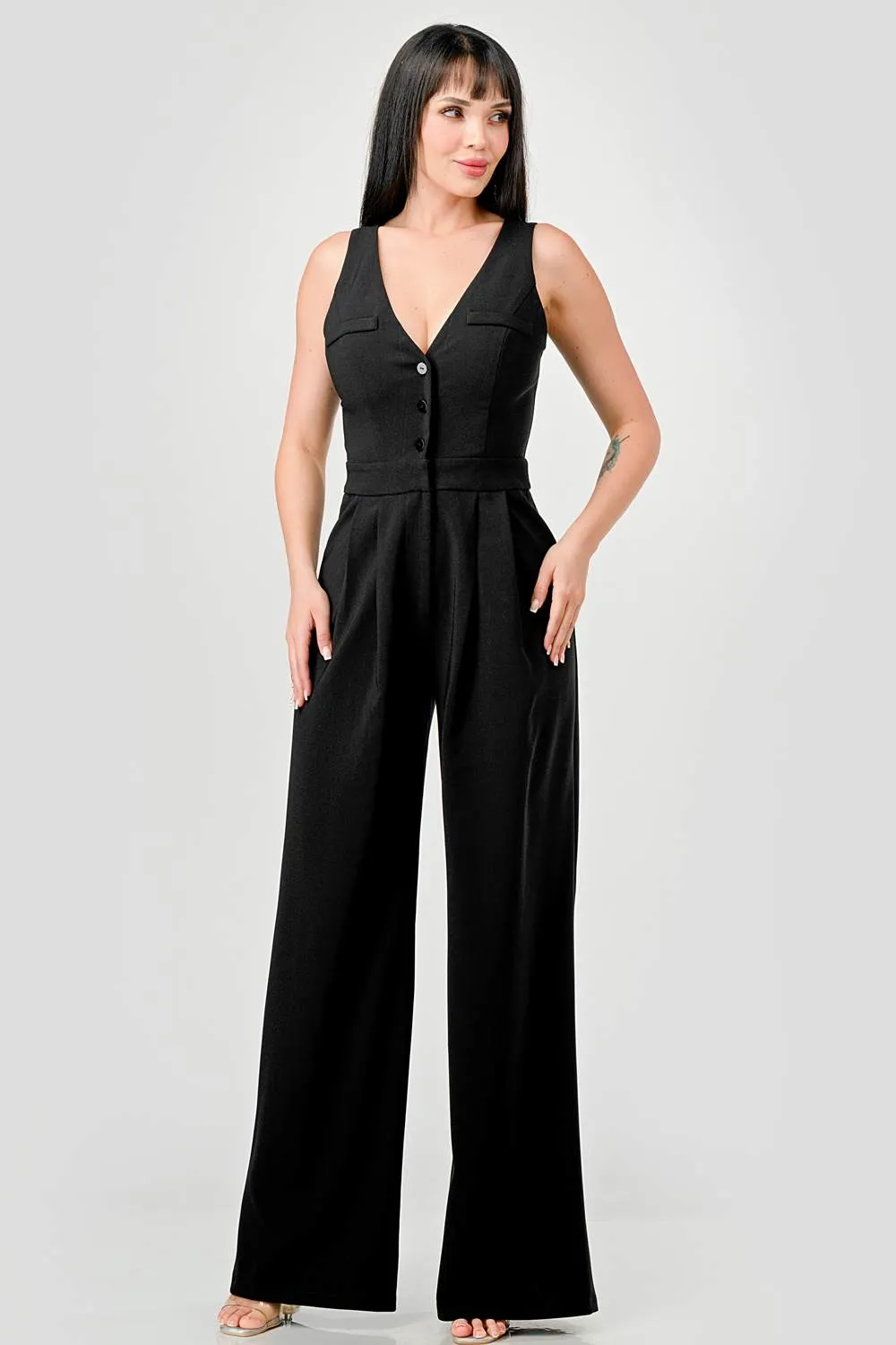 LUXE BUTTON DOWN VEST STYLE PALAZZO LEGS JUMPSUIT