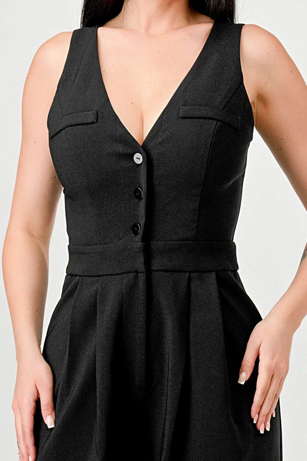 LUXE BUTTON DOWN VEST STYLE PALAZZO LEGS JUMPSUIT