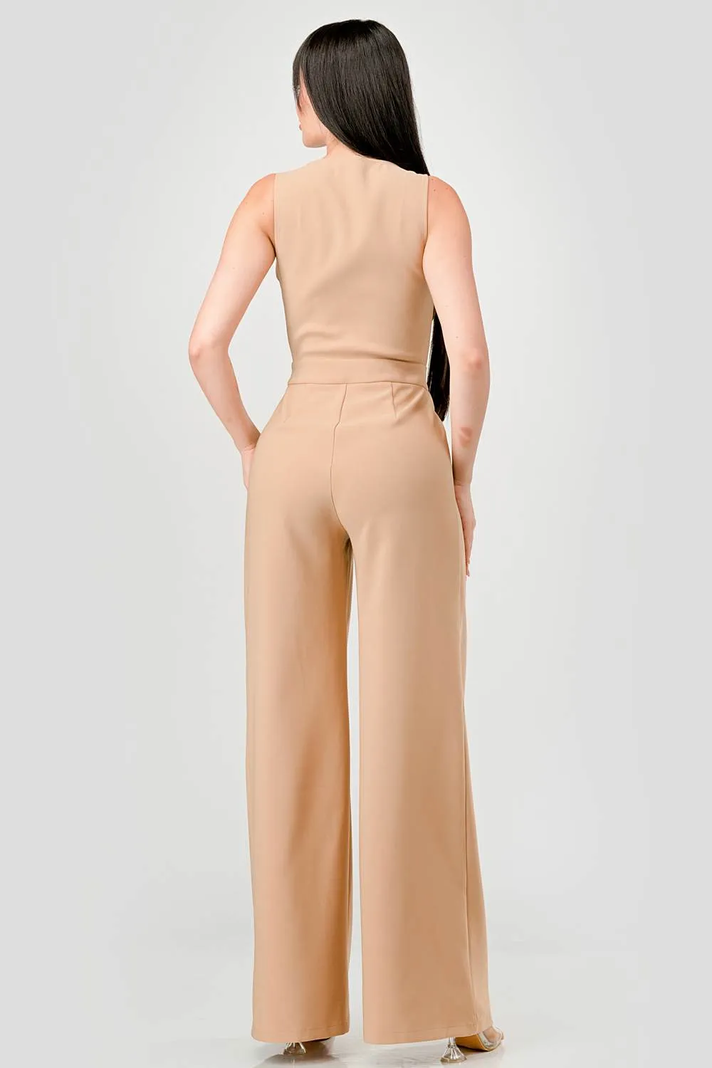 LUXE BUTTON DOWN VEST STYLE PALAZZO LEGS JUMPSUIT