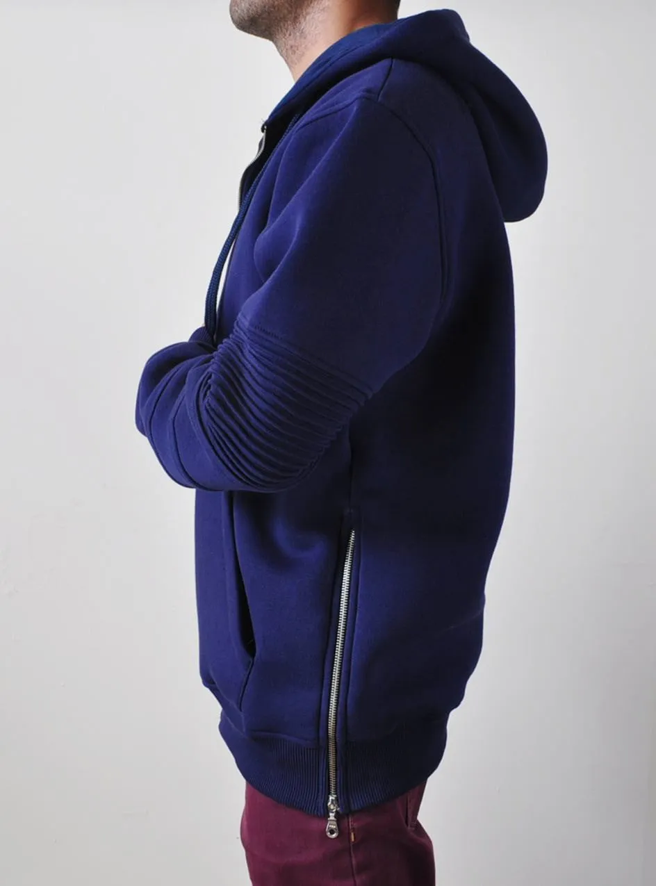 Men's Biker Front full Zipper and Side Zips Cotton Hoodie - Pintuck Sleeves