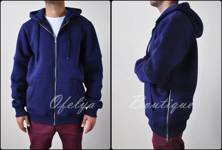 Men's Biker Front full Zipper and Side Zips Cotton Hoodie - Pintuck Sleeves