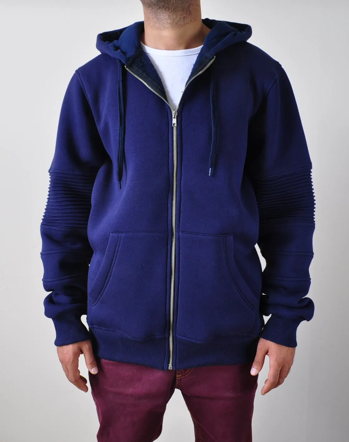 Men's Biker Front full Zipper and Side Zips Cotton Hoodie - Pintuck Sleeves