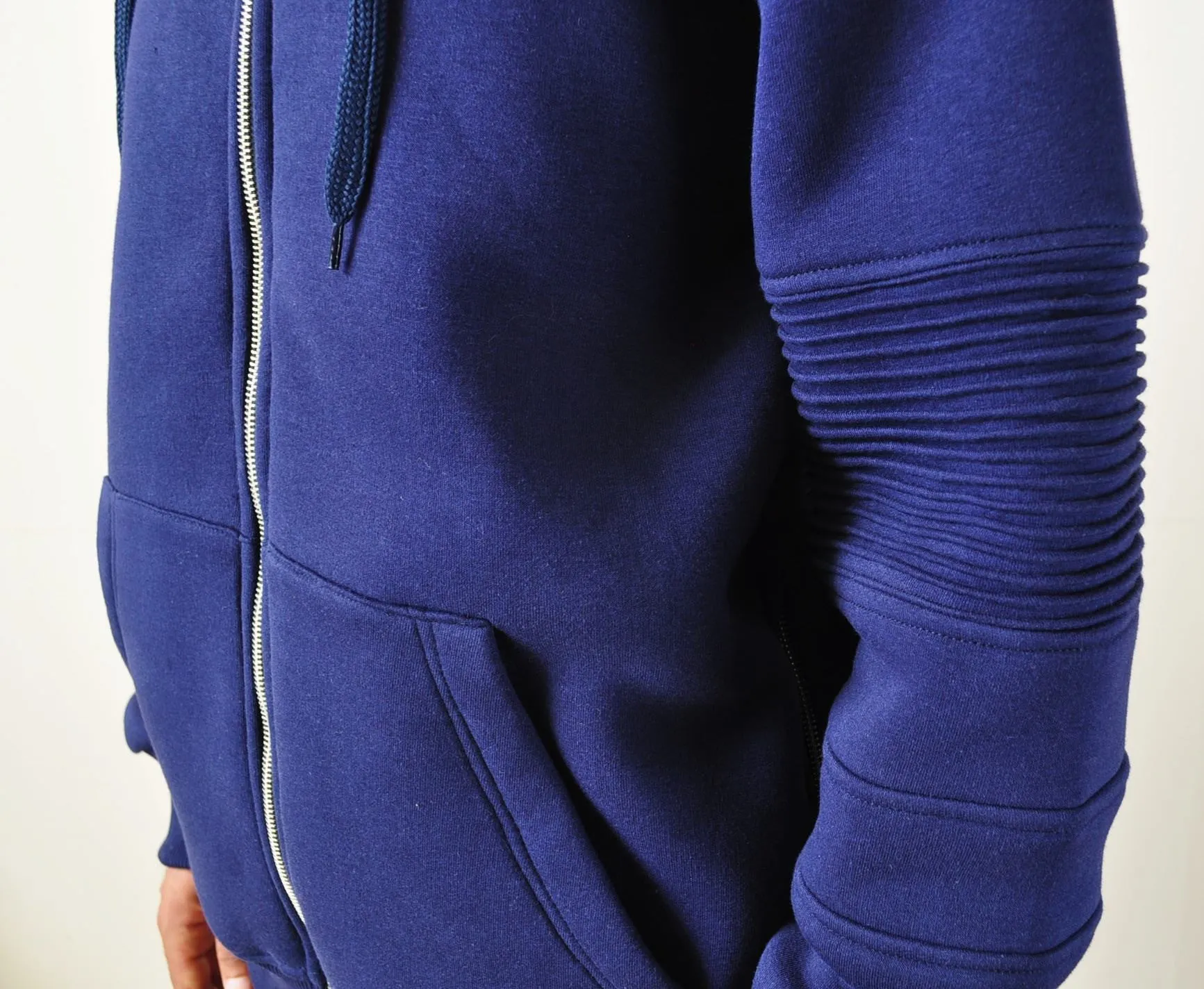 Men's Biker Front full Zipper and Side Zips Cotton Hoodie - Pintuck Sleeves