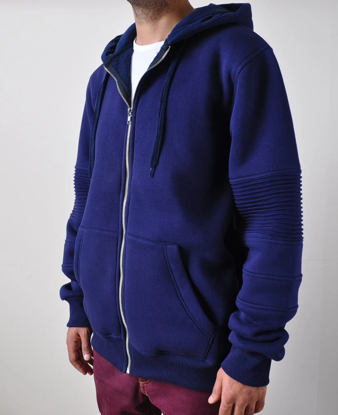 Men's Biker Front full Zipper and Side Zips Cotton Hoodie - Pintuck Sleeves