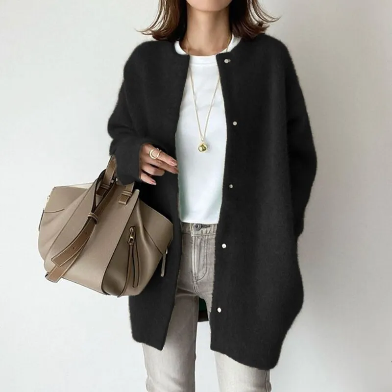 Nukty Women Overcoat Winter Ladies Elegant Round Collar Outerwear Long Sleeve Cardigan Solid Color Single-breasted Long Jacket