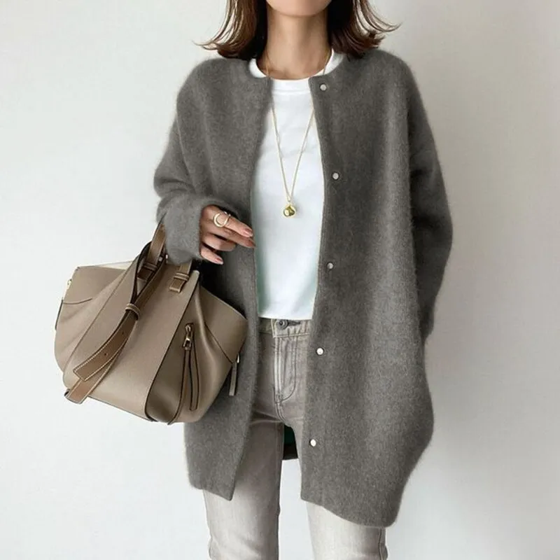 Nukty Women Overcoat Winter Ladies Elegant Round Collar Outerwear Long Sleeve Cardigan Solid Color Single-breasted Long Jacket