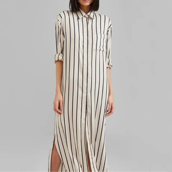 Open Button Collar Shirt Style Line Full Dress J5890