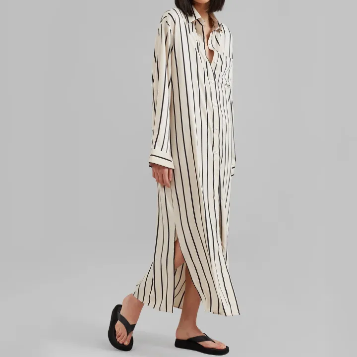 Open Button Collar Shirt Style Line Full Dress J5890