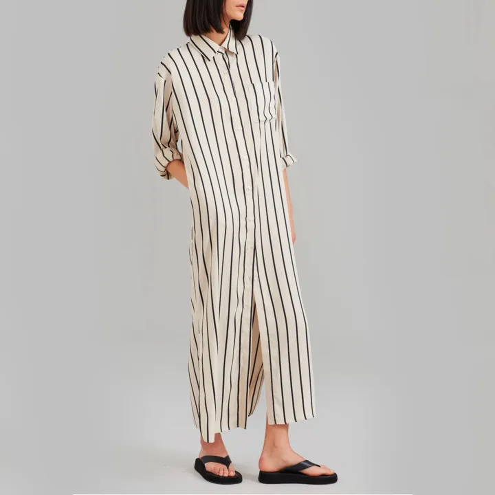 Open Button Collar Shirt Style Line Full Dress J5890