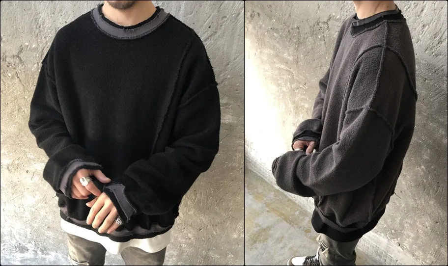 Oversize Original Stitching Raw Edges Round Neck Utility Sweater
