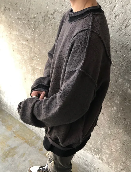Oversize Original Stitching Raw Edges Round Neck Utility Sweater