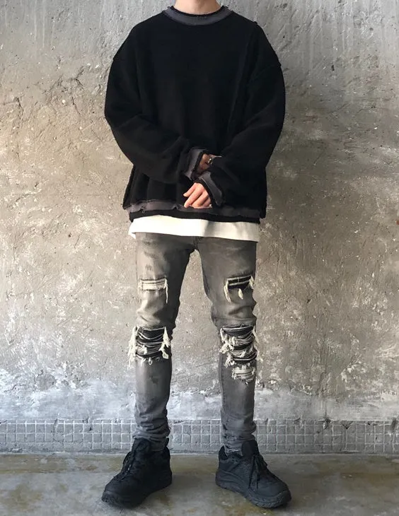 Oversize Original Stitching Raw Edges Round Neck Utility Sweater