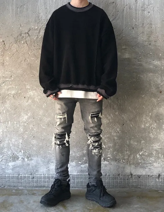 Oversize Original Stitching Raw Edges Round Neck Utility Sweater