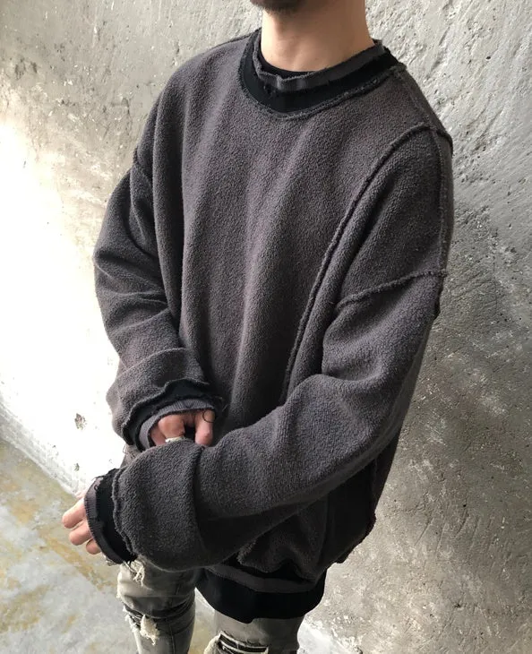 Oversize Original Stitching Raw Edges Round Neck Utility Sweater