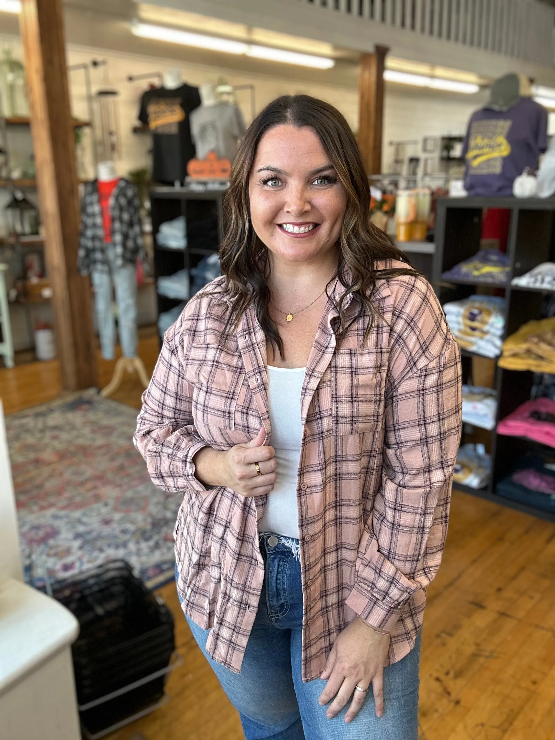 Pink Plaid Print Buttoned Oversized Tunic Shirt - Plus