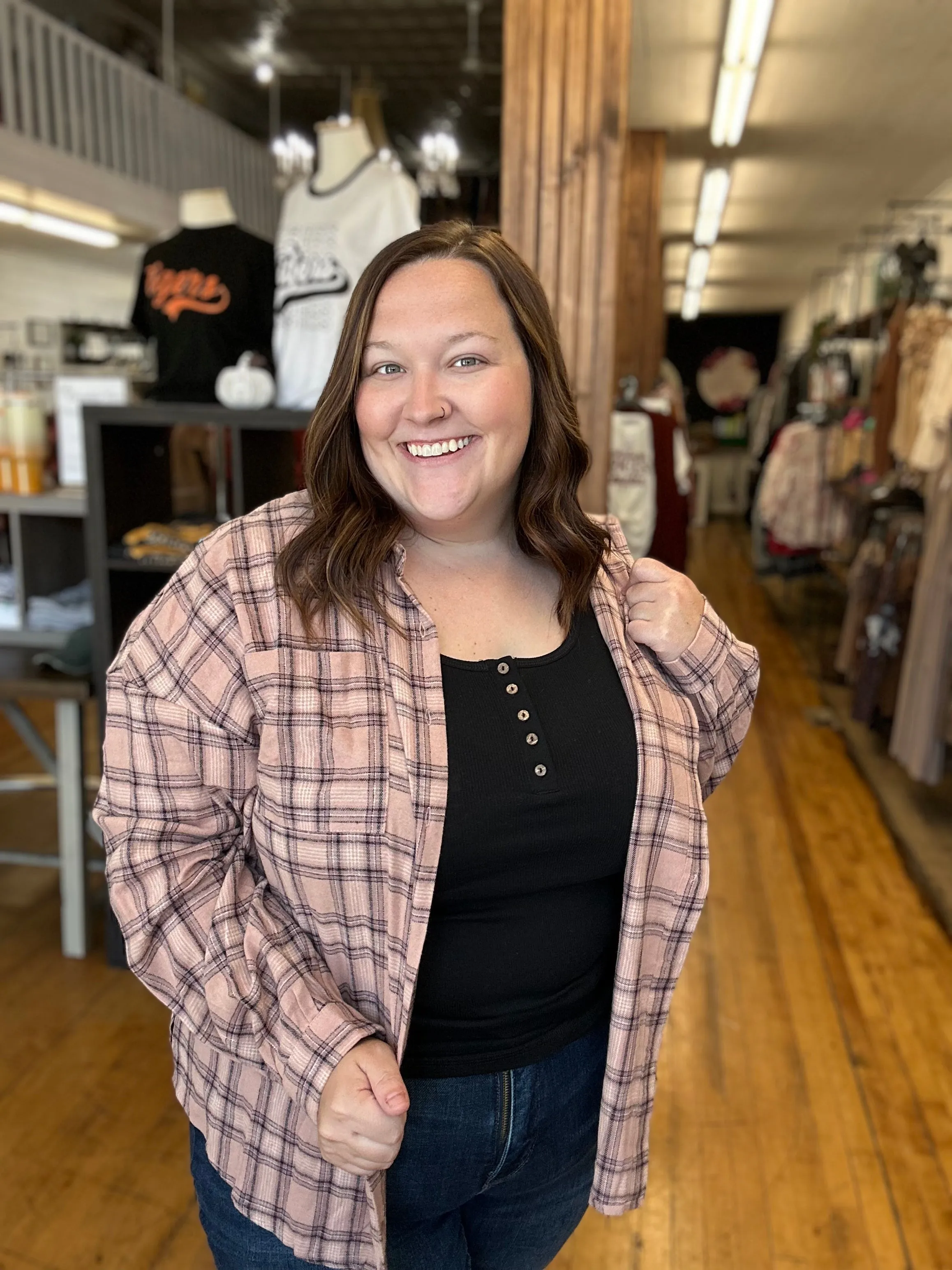 Pink Plaid Print Buttoned Oversized Tunic Shirt - Plus