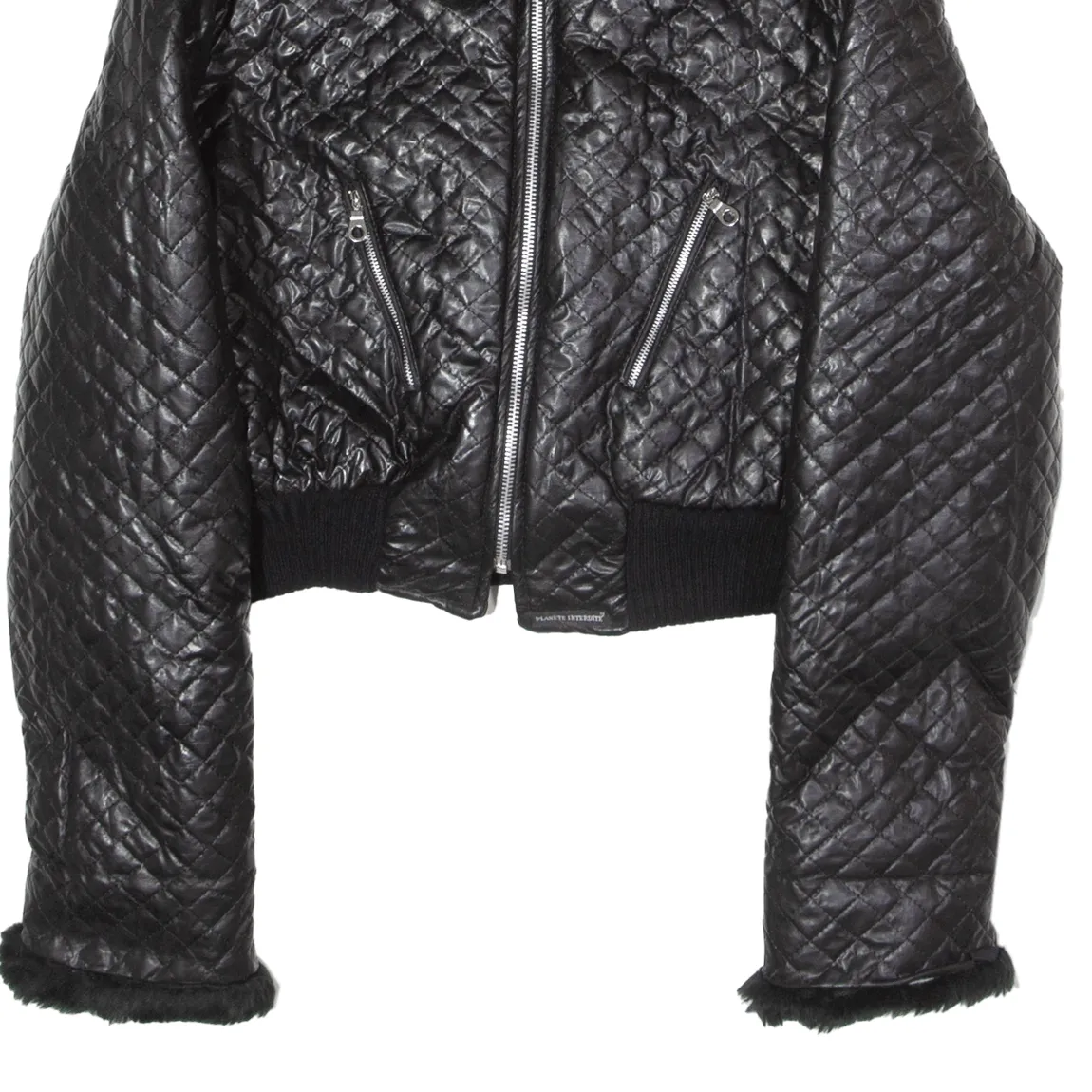 PLANETE INTERDITE Faux Fur Collar Cropped Womens Quilted Jacket Black 90s S