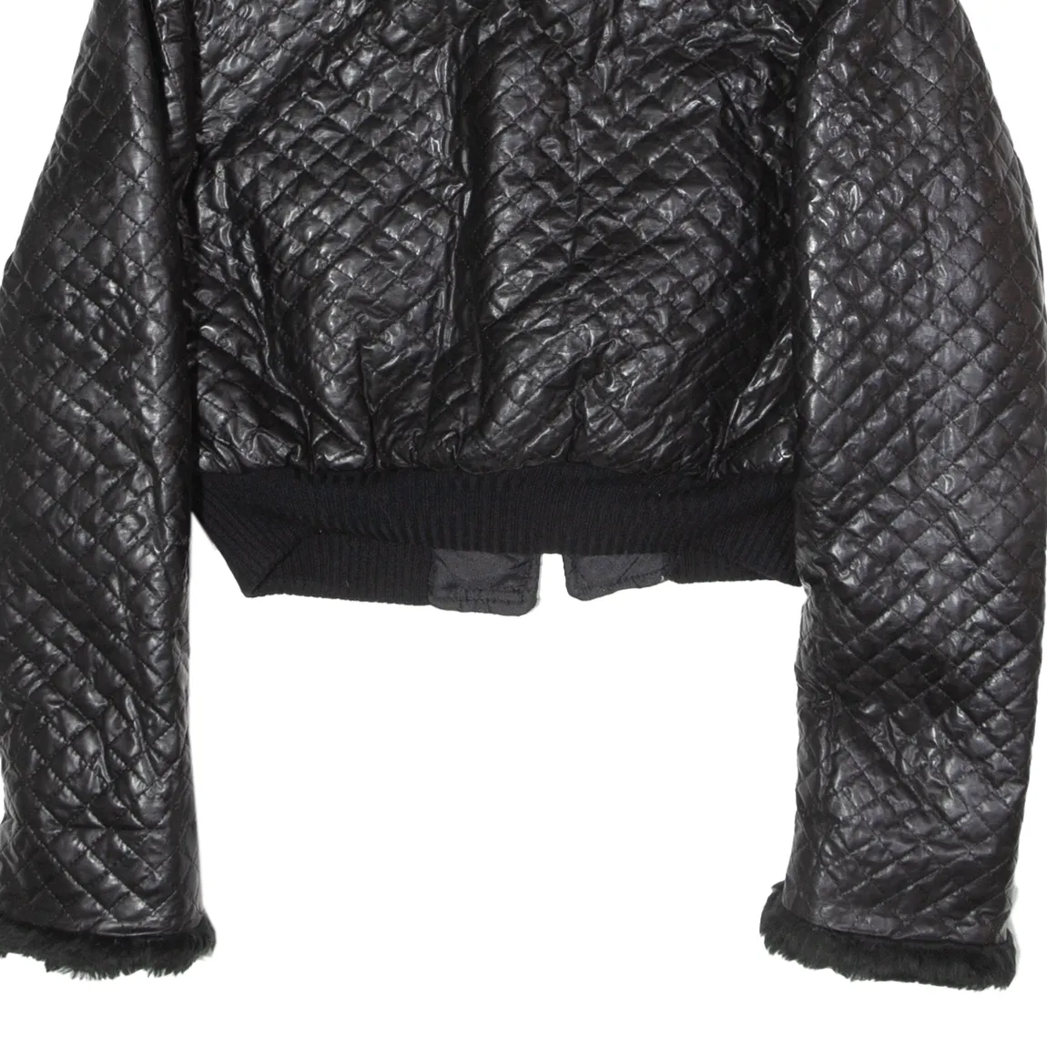 PLANETE INTERDITE Faux Fur Collar Cropped Womens Quilted Jacket Black 90s S