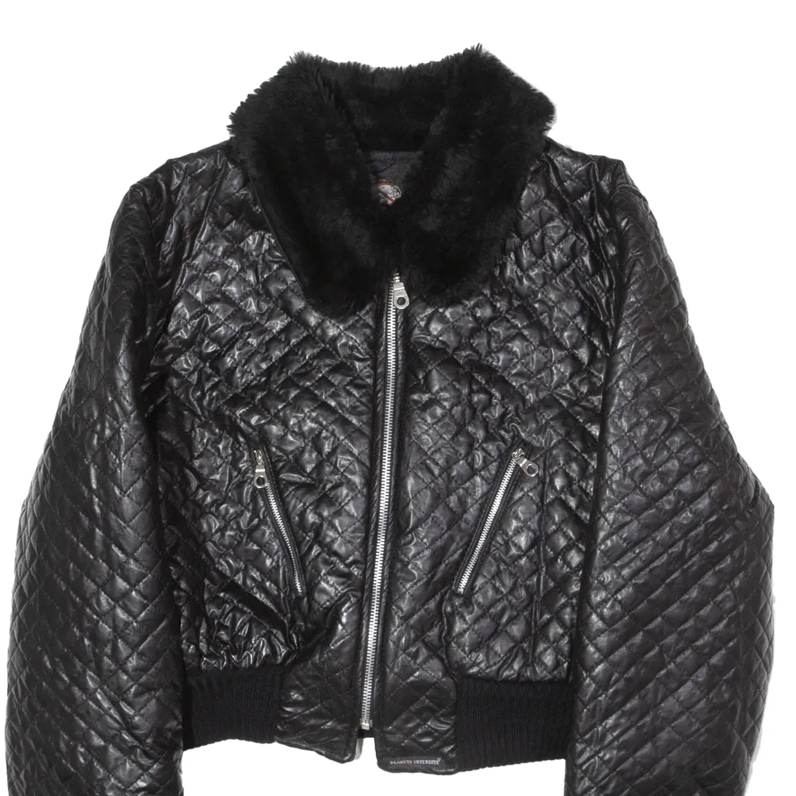 PLANETE INTERDITE Faux Fur Collar Cropped Womens Quilted Jacket Black 90s S