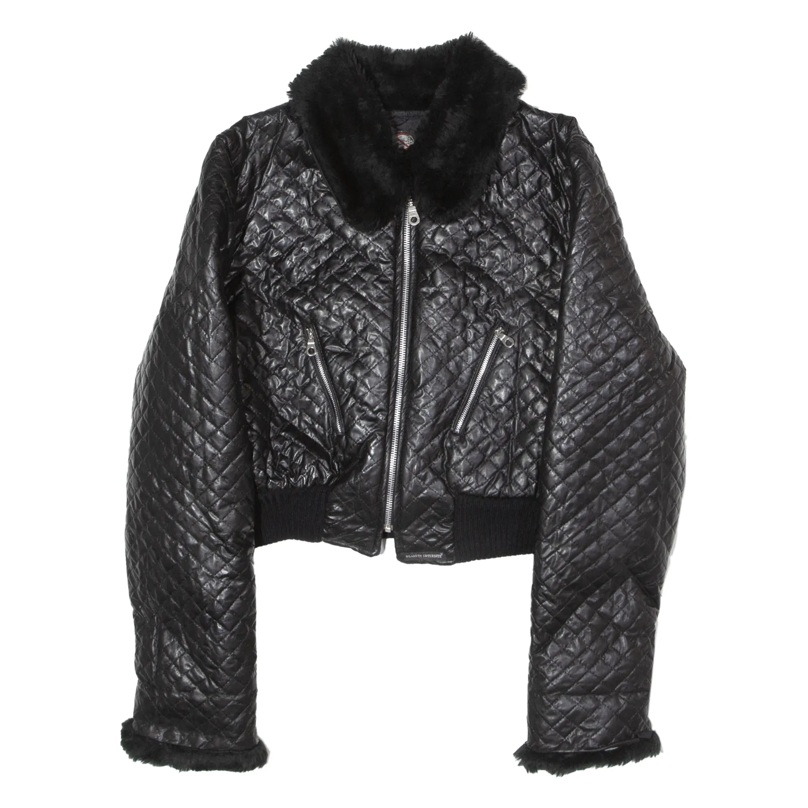 PLANETE INTERDITE Faux Fur Collar Cropped Womens Quilted Jacket Black 90s S
