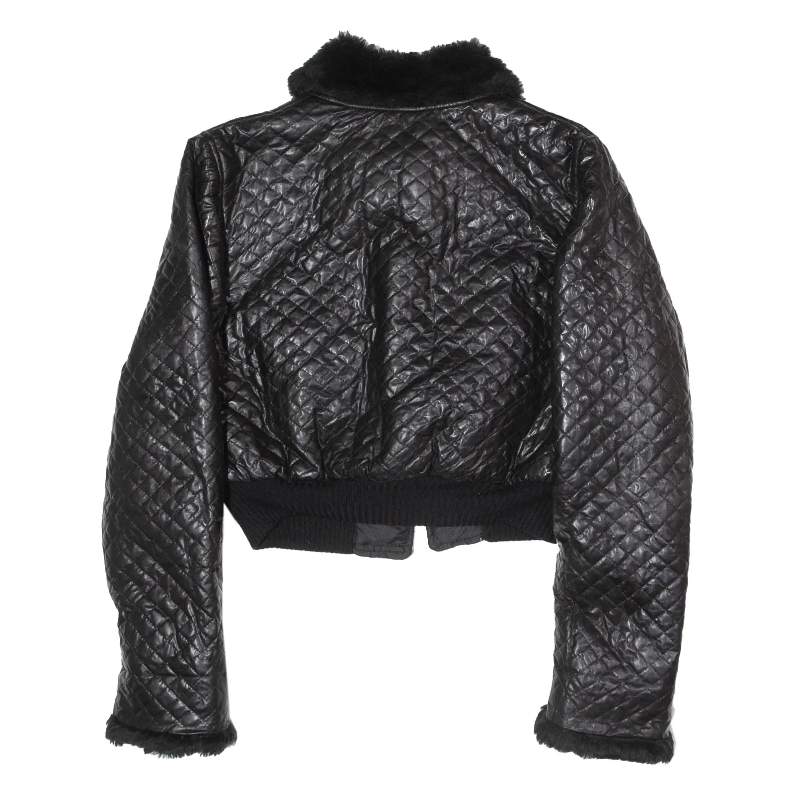 PLANETE INTERDITE Faux Fur Collar Cropped Womens Quilted Jacket Black 90s S