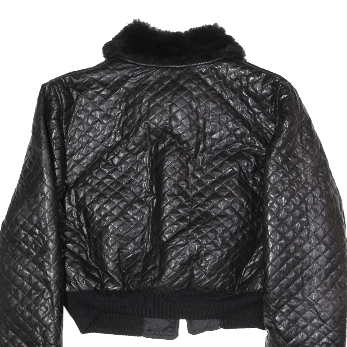 PLANETE INTERDITE Faux Fur Collar Cropped Womens Quilted Jacket Black 90s S