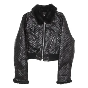 PLANETE INTERDITE Faux Fur Collar Cropped Womens Quilted Jacket Black 90s S