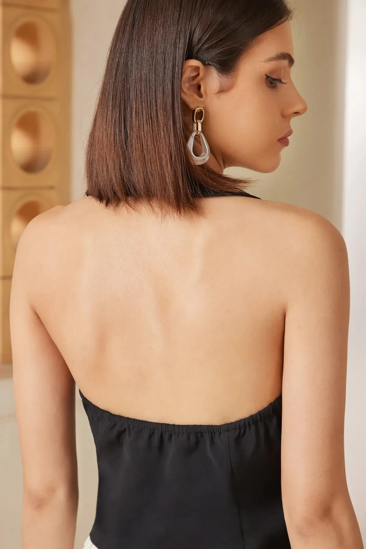 Ruched Button Front Backless Halter Vest