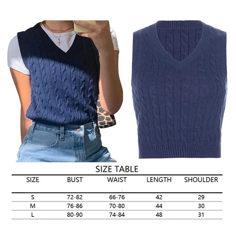 Sweater Vest Women  Black Sleeveless Plaid Knitted Crop Sweaters Casual Autumn Preppy Style tops V Neck Vintage