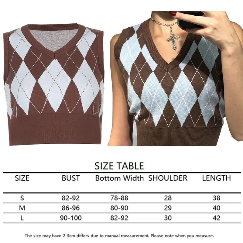 Sweater Vest Women  Black Sleeveless Plaid Knitted Crop Sweaters Casual Autumn Preppy Style tops V Neck Vintage