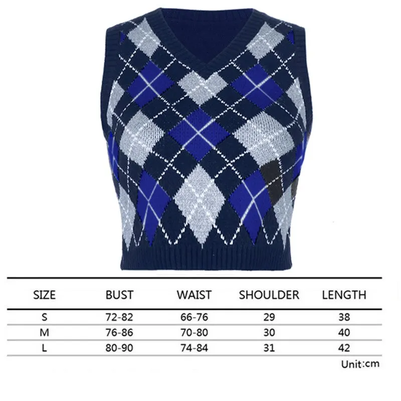 Sweater Vest Women  Black Sleeveless Plaid Knitted Crop Sweaters Casual Autumn Preppy Style tops V Neck Vintage