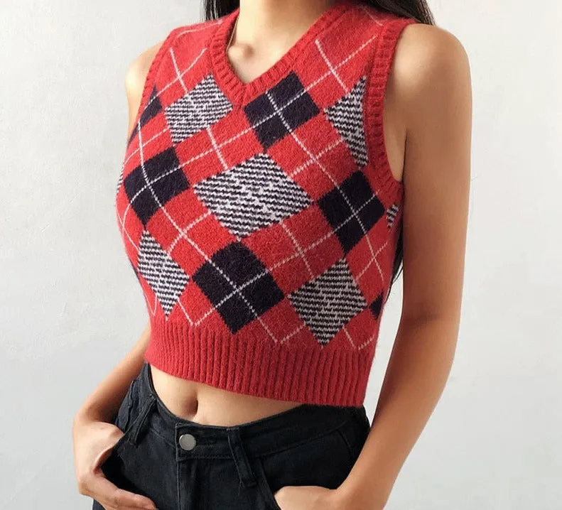 Sweater Vest Women  Black Sleeveless Plaid Knitted Crop Sweaters Casual Autumn Preppy Style tops V Neck Vintage