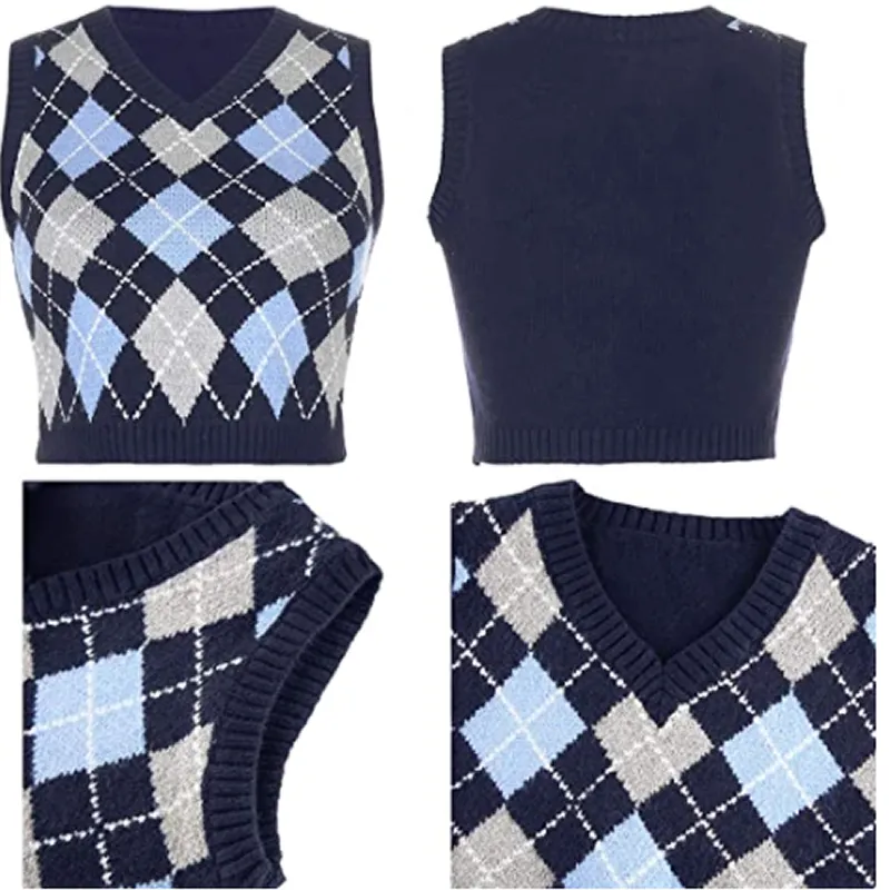 Sweater Vest Women  Black Sleeveless Plaid Knitted Crop Sweaters Casual Autumn Preppy Style tops V Neck Vintage