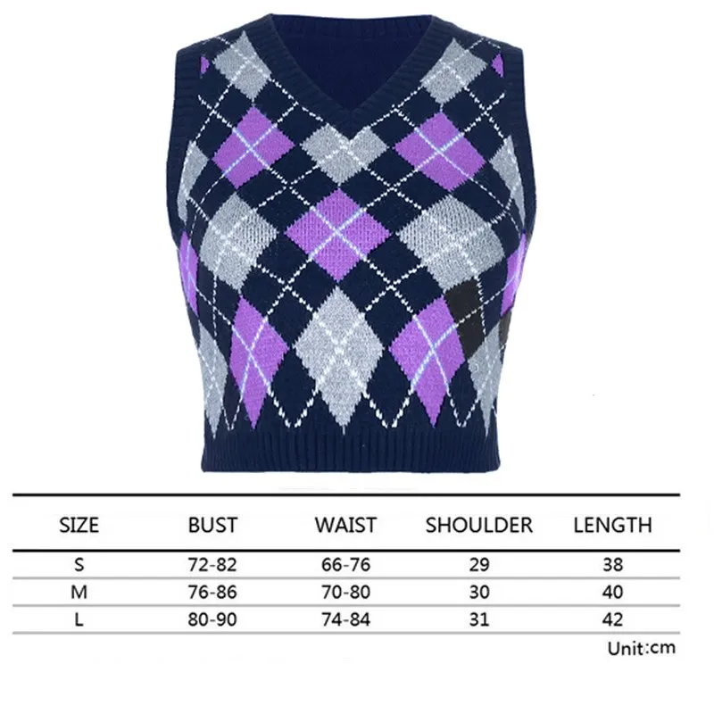 Sweater Vest Women  Black Sleeveless Plaid Knitted Crop Sweaters Casual Autumn Preppy Style tops V Neck Vintage