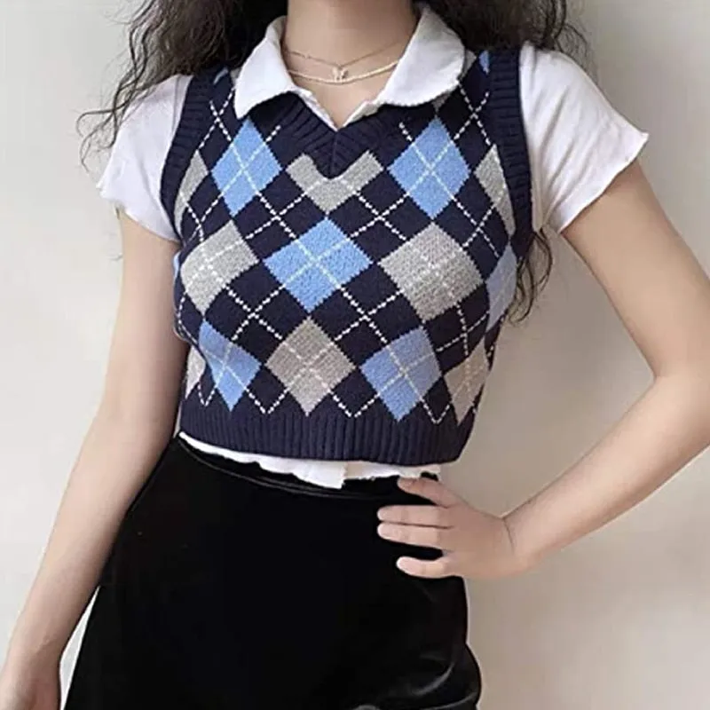 Sweater Vest Women  Black Sleeveless Plaid Knitted Crop Sweaters Casual Autumn Preppy Style tops V Neck Vintage