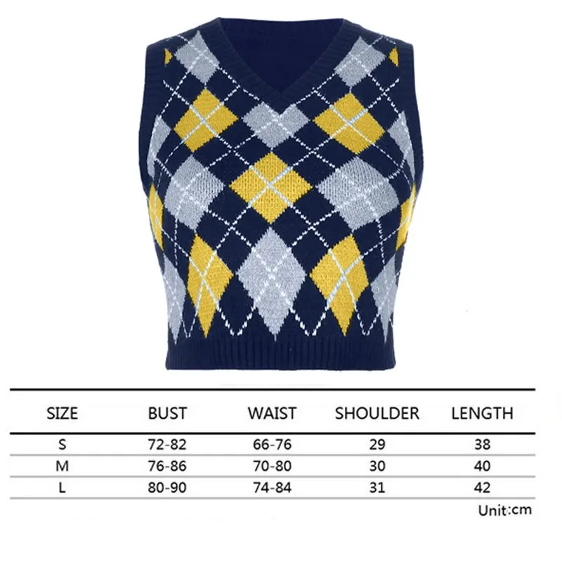 Sweater Vest Women  Black Sleeveless Plaid Knitted Crop Sweaters Casual Autumn Preppy Style tops V Neck Vintage