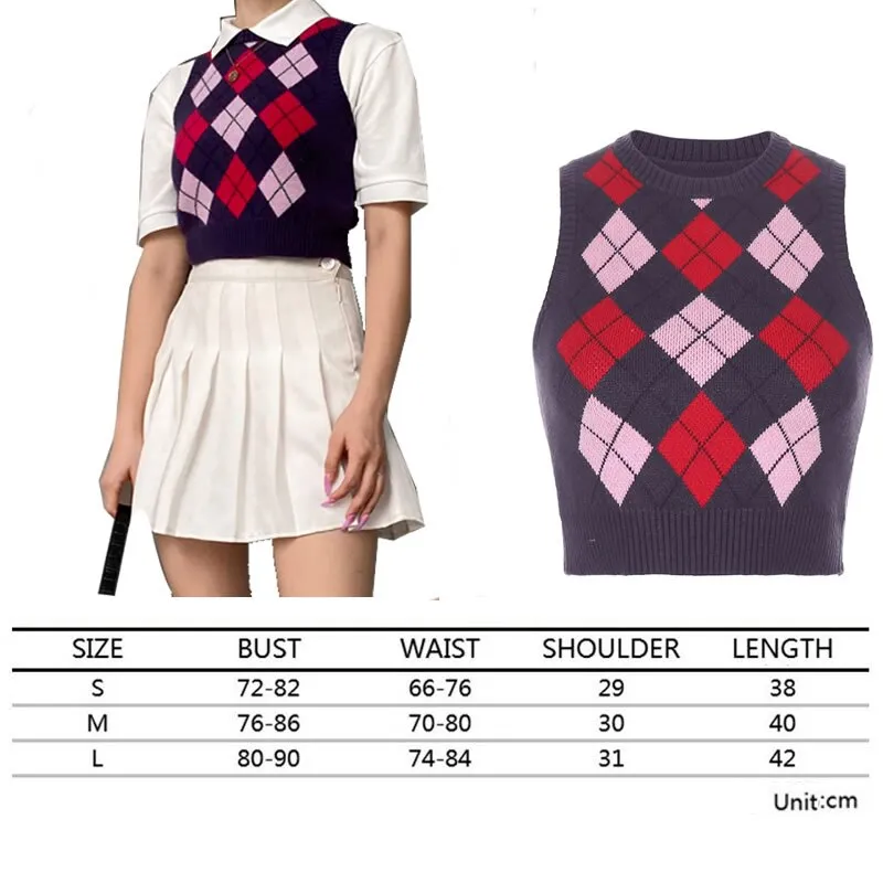 Sweater Vest Women  Black Sleeveless Plaid Knitted Crop Sweaters Casual Autumn Preppy Style tops V Neck Vintage