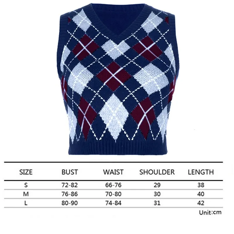 Sweater Vest Women  Black Sleeveless Plaid Knitted Crop Sweaters Casual Autumn Preppy Style tops V Neck Vintage
