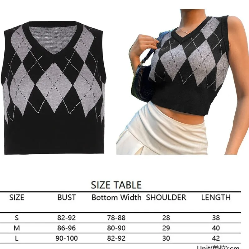 Sweater Vest Women  Black Sleeveless Plaid Knitted Crop Sweaters Casual Autumn Preppy Style tops V Neck Vintage