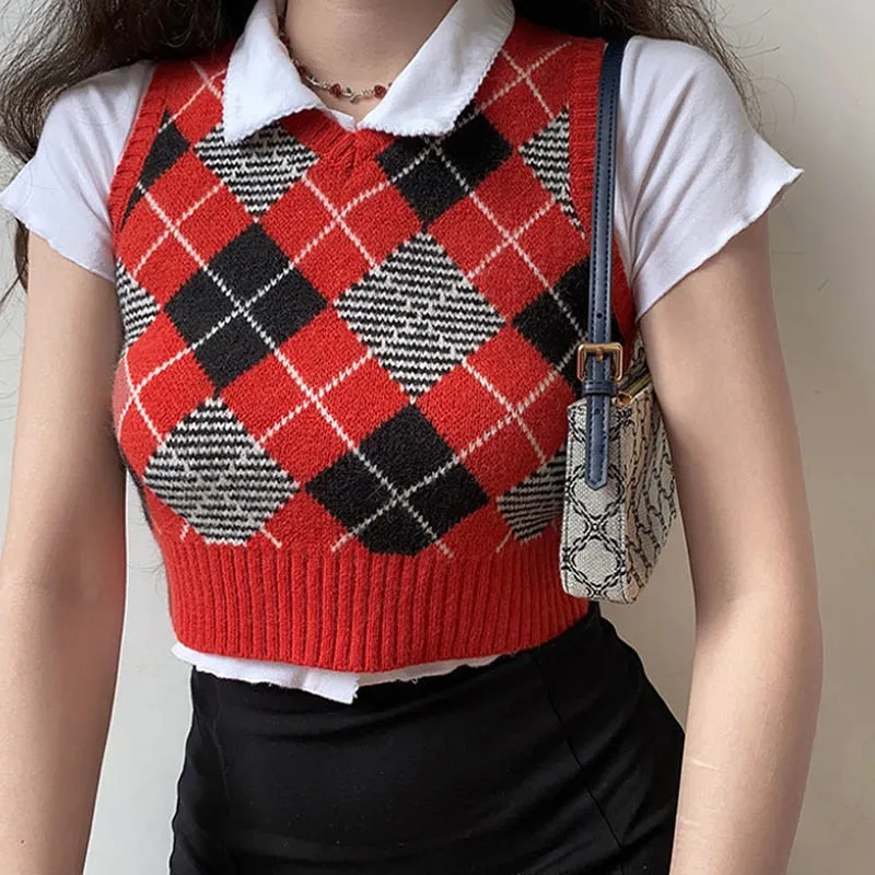 Sweater Vest Women  Black Sleeveless Plaid Knitted Crop Sweaters Casual Autumn Preppy Style tops V Neck Vintage