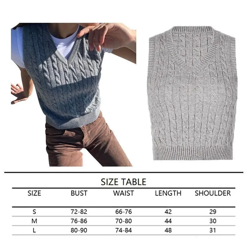 Sweater Vest Women  Black Sleeveless Plaid Knitted Crop Sweaters Casual Autumn Preppy Style tops V Neck Vintage
