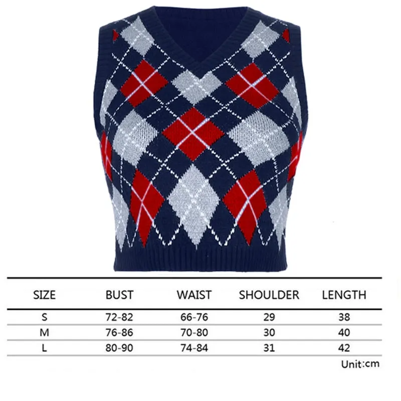 Sweater Vest Women  Black Sleeveless Plaid Knitted Crop Sweaters Casual Autumn Preppy Style tops V Neck Vintage